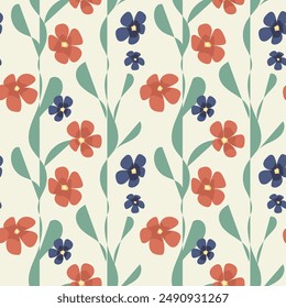 Red and blue flowers on a light background. Vector seamless pattern