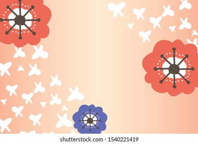 Red and blue flowers and pink background with white butterflies flying