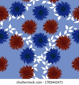 red blue flowers seamless vector pattern with white leaf on blue background