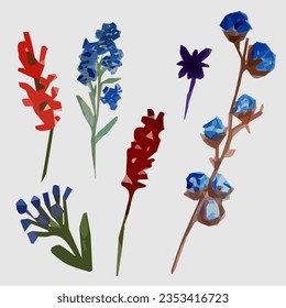 red and blue flowers vector set, watercolor texture,  wild plants hand drawn collection