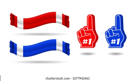 Red and Blue Foam Hand, Finger, Number One #1 Fan Glove, Scarf, Isolated on White Background, Hand Drawn Vector 3D Illustration