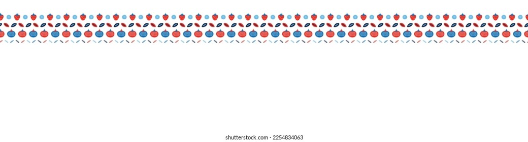 Red and blue folkart quilt vector border. Seamless scandi all over fabric for whimsical patchwork banner. 