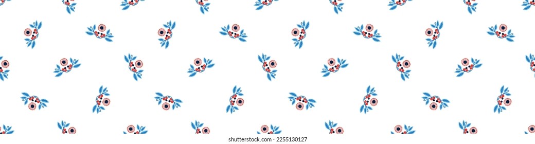 Rote und blaue volkstümliche Quiltvektorgrenze. Nahtlose Skandale in allen Bereichen für skurrile Flickenteppiche. 