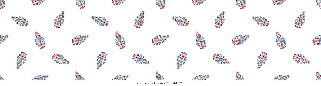 Borde vectorial del tejido folclórico rojo y azul. Escándalo sin foco por toda la tela para un llamativo cartel de mosaico. 