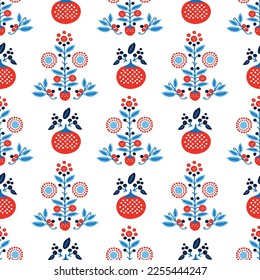 Red and blue folkart quilt vector pattern. Seamless scandi all over fabric for whimsical patchwork background. 