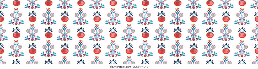 Red and blue folkart quilt vector border. Seamless scandi all over fabric for whimsical patchwork banner. 