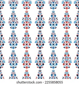 Red and blue folkart quilt vector pattern. Seamless scandi all over fabric for whimsical patchwork background. 