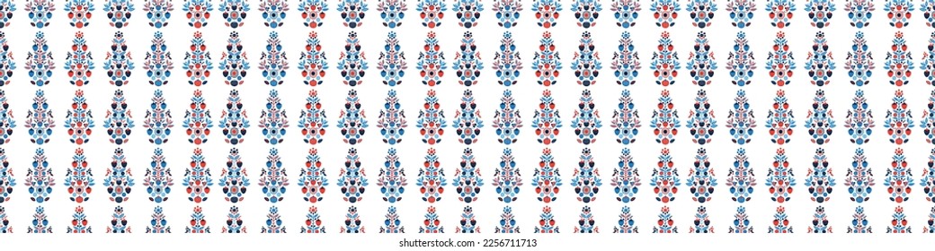 Borde vectorial del tejido folclórico rojo y azul. Escándalo sin foco por toda la tela para un llamativo cartel de mosaico. 
