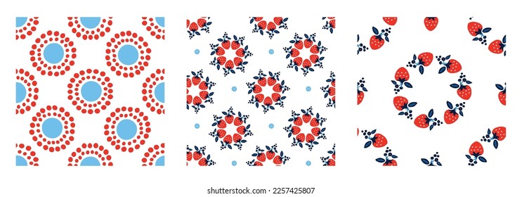 Rote und blaue Folkart-Quilt-Vektormuster-Set. Kollektion nahtloser Skandale auf Stoff für skurrile Flickenteppiche. 