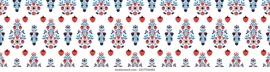 Red and blue folkart quilt vector border. Seamless scandi all over fabric for whimsical patchwork banner. 