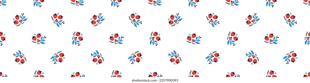 Red and blue folkart quilt vector border. Seamless scandi all over fabric for whimsical patchwork banner. 