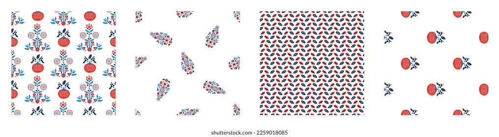Red and blue folkart quilt vector pattern set. Collection of seamless scandi all over fabric for whimsical patchwork background. 