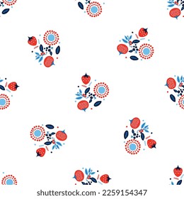 Red and blue folkart quilt vector pattern. Seamless scandi all over fabric for whimsical patchwork background. 