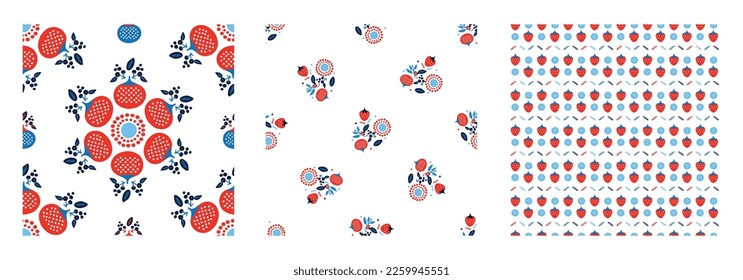 Red and blue folkart quilt vector pattern set. Collection of seamless scandi all over fabric for whimsical patchwork background. 