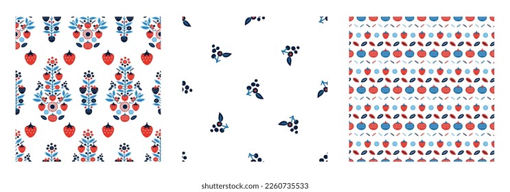 Red and blue folkart quilt vector pattern set. Collection of seamless scandi all over fabric for whimsical patchwork background. 