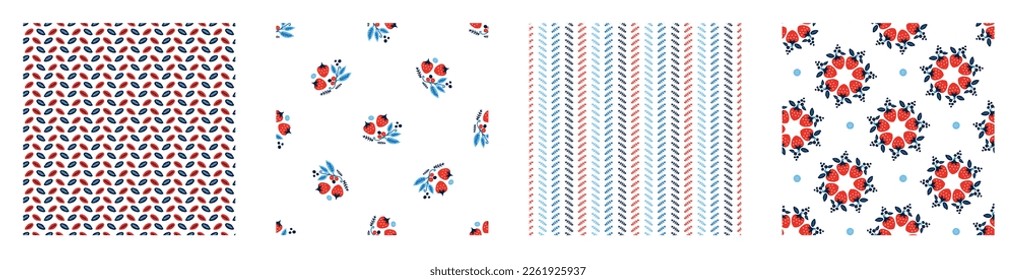 Red and blue folkart quilt vector pattern set. Collection of seamless scandi all over fabric for whimsical patchwork background. 