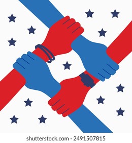 Red and blue four hands holding each other. US community illustration. Americans strong together concept. Vector illustration