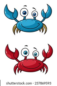 Red and blue funny smiling cartoon crabs characters with raised claws isolated on white background