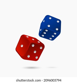 Red and blue game dice. Lucky gambling with bets and throwing successful number casino won with cash prizes and possibility of large vector jackpot.