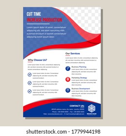 Red and Blue Geometric background Poster Brochure Flyer design with vertical Layout vector template in A4 size. wavy style in frame of photo space. Cut time and increase production of headline 
