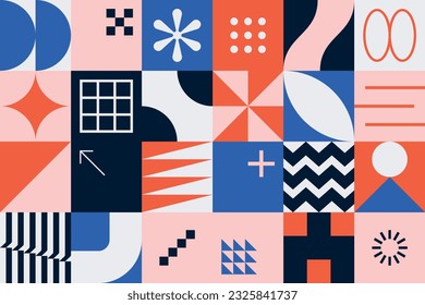 Red and blue geometric pattern. Neo geo banner with abstract and geometric shapes.
