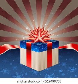 Red blue gift box on retro background with space for text