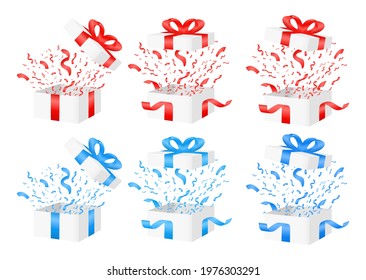 Red and blue gift boxes with confetti and bow, Cardboard box, Product placement mock up, Packaging design