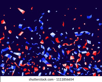 Red blue glitter confetti flying on white vector. Rich American Independence Day background. Flying tinsel sparkles, gradient foil serpentine streamers and confetti falling in colors of USA flag.