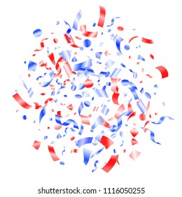 Red blue glitter confetti flying on white vector. Patriotic American Independence Day background. Flying tinsel sparkles, gradient foil serpentine streamers and confetti falling in colors of USA flag.