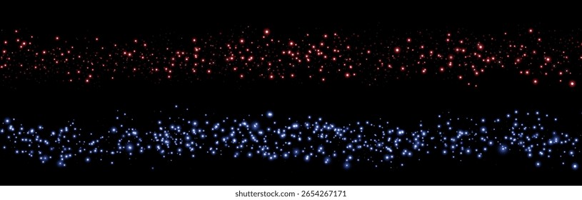 Vermelho e azul brilhantes pontos, partículas, estrelas faíscas mágicas. Efeito de luz de nuvem de poeira. Pontos luminosos vermelhos e azuis com fumaça. Partículas vetoriais no fundo transparente