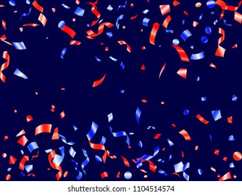 Red blue glossy confetti flying on white vector. Patriotic American Independence Day background. Flying tinsel sparkles, gradient foil serpentine streamers and confetti falling in colors of USA flag.