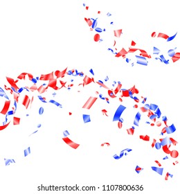 Red blue glossy confetti flying on white vector. 4th of July background. Flying tinsel sparkles, gradient foil serpentine streamers and confetti falling in colors of USA flag.