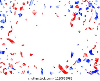 Red blue glossy confetti flying on white vector. Festive American Independence Day background. Flying tinsel sparkles, gradient foil serpentine streamers and confetti falling in colors of USA flag.