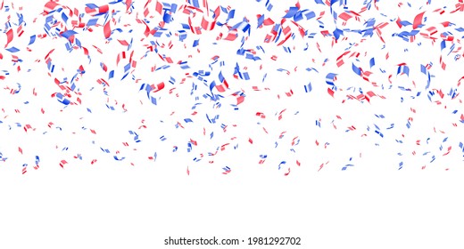 Red, blue glossy confetti flying on white background. Flying tinsel sparkles, gradient foil confetti falling in colors of USA flag. American Independence Day or President Day backdrop. Vector seamless