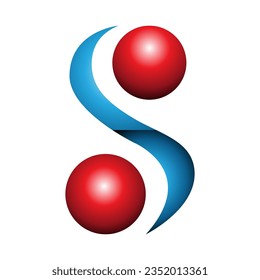 Red and Blue Glossy Letter S Icon with Spheres on a White Background