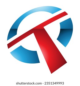Red and Blue Glossy Round Shaped Letter T Icon on a White Background