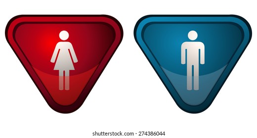 Red and Blue Glossy Triangle Restroom Signs, Vector Illustration. 