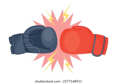 Red and blue glove boxing. Vs, fight or battle. Sport tournament and championship. Professional equipment. Sportswear red leather uniform. Cartoon flat style isolated vector concept