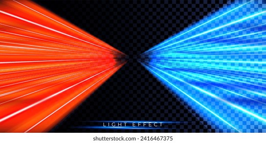 Efecto de las líneas de velocidad de brillo rojo y azul. Rayos rápidos dinámicos sobre fondo transparente. Efecto vector.  