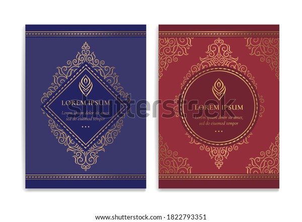 Red, blue\
and gold luxury invitation card design. Vintage ornament template.\
Can be used for background and wallpaper. Elegant and classic\
vector elements great for\
decoration.