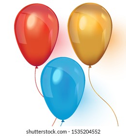 Red, blue and gold realistic balloons on white background. Vector