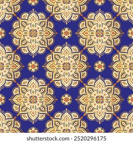 Padrão sem costura vermelho, azul e dourado com ornamento mandala. Tradicional árabe, motivos indianos. Ótimo para tecido e têxtil, papel de parede, embalagem ou qualquer ideia desejada.