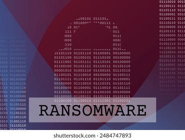 Red and blue gradation digital background with random binary code and ransomware text. Cyber space concept. Hacking data