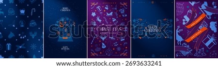 Red and Blue Gradient Merry Christmas Greeting Card Posters, Xmas invitation template, and patterned background. Decorative Christmas Elements in blue and red. For prints, banners, social media.
