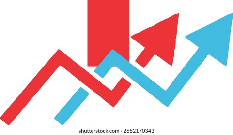  A red and blue graph with two intertwined upward-trending arrows, symbolizing business growth, financial success, market increase, and positive development.
