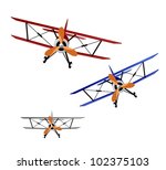 red, blue and gray biplanes on white background - vector illustration