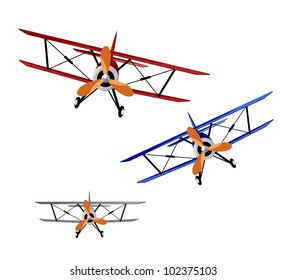 red, blue and gray biplanes on white background - vector illustration