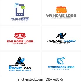 Red blue gray line art combination mark rocket home mobile phone design logo template suitable for technology internet laboratory company
