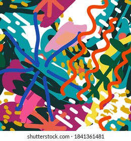 Red and Blue and Green Artwork Shapes Vector Seamless Pattern. Drawn Scribble Collage. Orange and Magenta Style Background. Abstract Doodle Print.