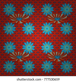 Red, blue and green colors vector seamless pattern with many flowers.